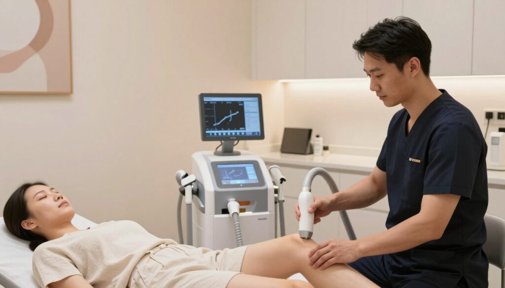 A modern, sleek laser hair removal clinic interior with a focus on advanced technology. In the foreground, a professional technician in smart attire is demonstrating the use of a handheld laser device on a patient’s leg, both looking calm and focused. The patient is dressed in modest clothing, lying comfortably on a treatment bed, showing a sense of ease and safety. In the middle ground, various high-tech laser equipment is neatly organized on a counter, and a high-resolution imaging monitor displays treatment progress. Soft, ambient lighting illuminates the room, creating a soothing atmosphere. The background features light-colored walls adorned with calming artwork, adding to the serene ambiance of the clinic, conveying trust and professionalism in laser hair removal procedures.